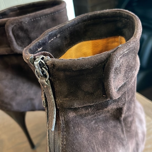 L.A.M.B. Dark Brown Suede and Leather High Stiletto Heel Platform Booties, 8 - Picture 5 of 13